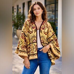 ❤️ SOLD ❤️ HANDMADE Brocade Patterned Kimono Poncho Jacket with Velvet Trim